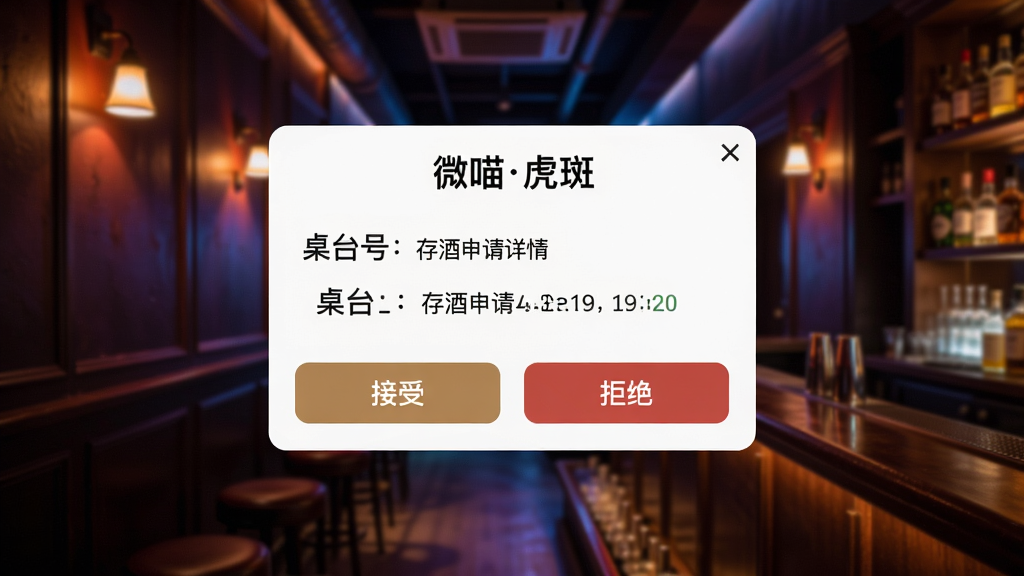一张接单提示界面,主体为“微喵虎斑”的接单弹窗,显示桌台号、存酒申请详情和“接受/拒绝”按钮,背景为酒吧走廊,灯光迷离,画面聚焦,画质干净,无多余元素