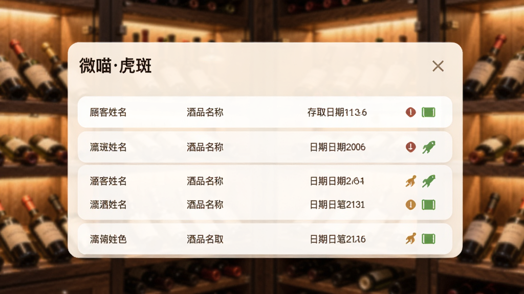 一张存酒管理功能界面图,主体为“微喵虎斑”的存酒记录列表,每行显示顾客姓名、酒品名称、存取日期和状态图标,背景为酒柜与柔和灯光,整体色调温暖,画面干净,画质清晰,无多余元素