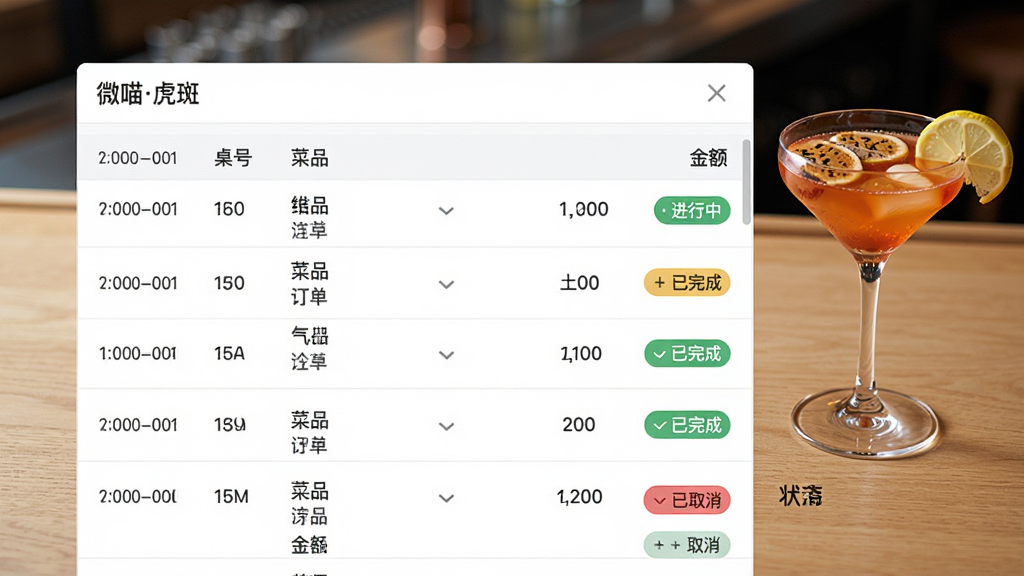一张订单管理界面截图,主体是“微喵虎斑”订单列表,每笔订单显示时间、桌号、菜品明细和金额,状态用不同颜色高亮(进行中、已完成、已取消),背景为简洁的木质桌面,一杯鸡尾酒在旁点缀,画面干净,画质高清,无多余元素