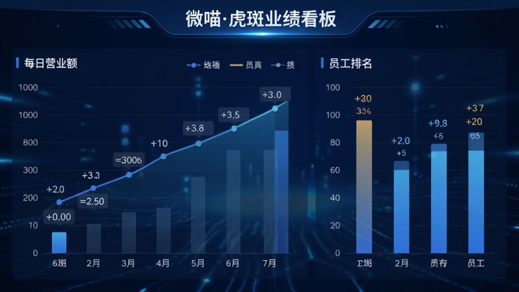 一张数据统计图表展示图,主体为“微喵虎斑”的业绩看板,折线图与柱状图结合,展示每日营业额趋势、员工排名,数字标注清晰,背景为深蓝色科技感光效,画面整洁,画质专业,无多余元素