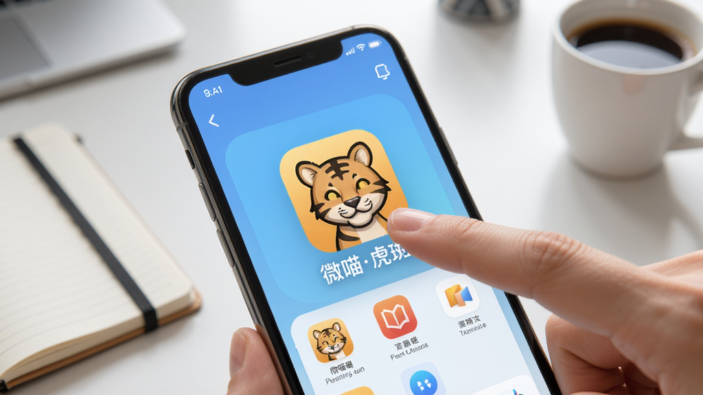 一张手机操作示意图,主体为手指点击“微喵虎斑”应用图标的瞬间,屏幕亮起显示主界面,背景为办公桌,周围有笔记本和咖啡杯,画面干净,光线明亮,画质高清,无多余元素