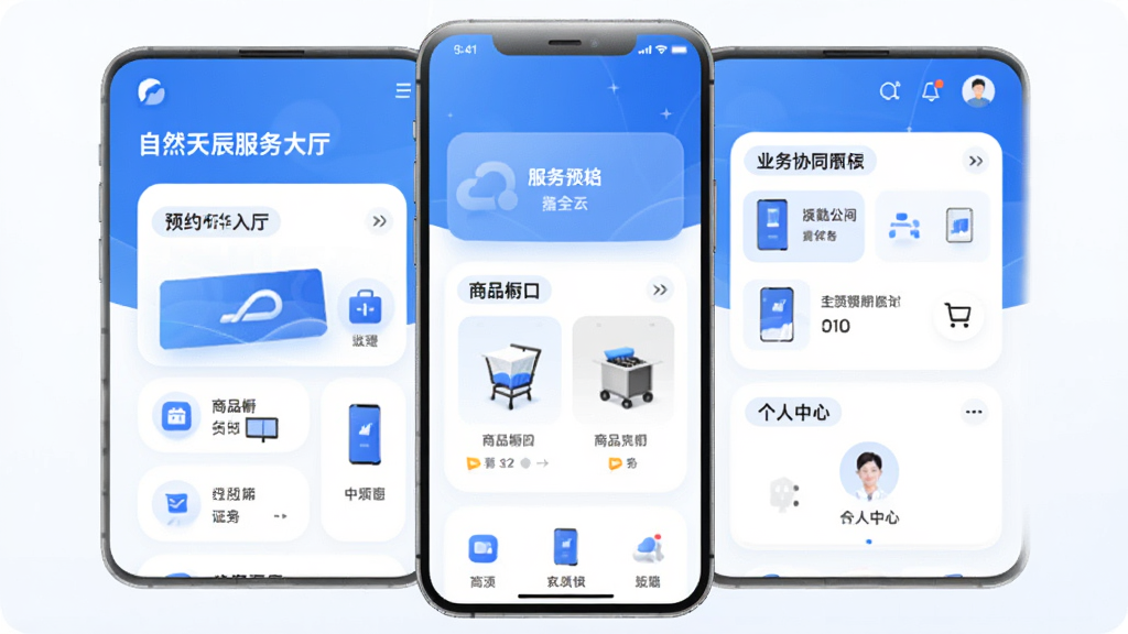 自然天辰服务云APP主界面预览图,展示首页服务大厅、预约入口、商品橱窗、业务协同面板与个人中心,整体采用蓝白渐变科技风格,扁平化设计,图标圆润清晰,布局简洁明快,背景干净无多余元素,画质高清,突出数字化服务平台功能分区与视觉舒适度