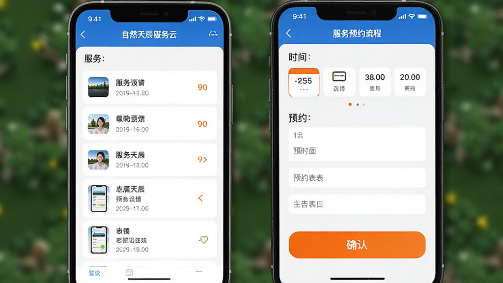 自然天辰服务云APP服务预约流程界面,显示服务列表、时间选择器、预约表单与确认按钮,界面采用表单模式,按钮突出,颜色以橙色和蓝色搭配,风格简洁直接,画质干净,突出移动端预约操作的便捷性
