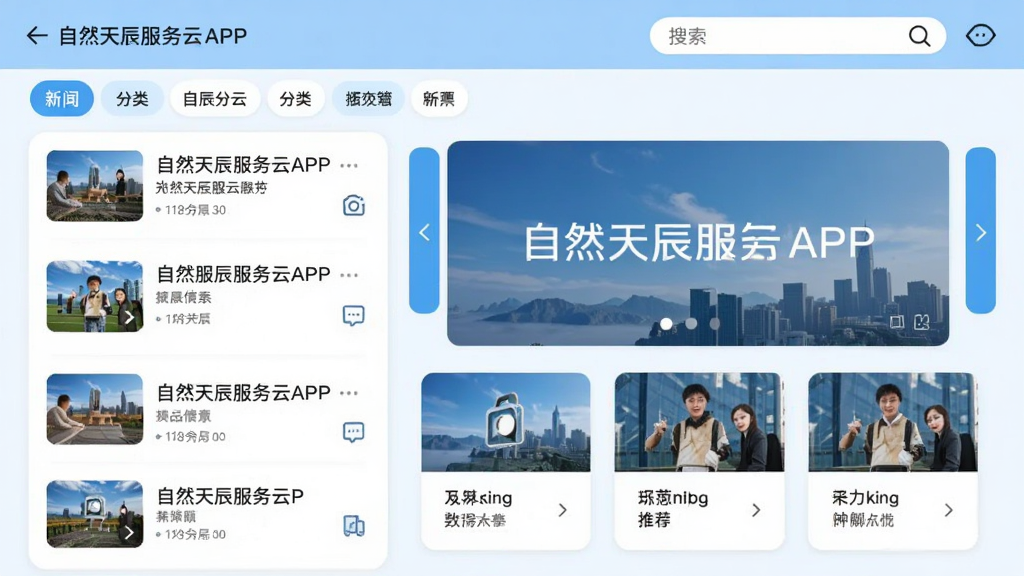 自然天辰服务云APP信息展示页面,界面呈现新闻列表、分类标签、搜索栏、轮播图与推荐卡片,采用卡片式布局,图文结合,色彩以浅蓝与白色为主,风格清新,排版整齐,画质清晰干净,突出信息聚合与浏览体验