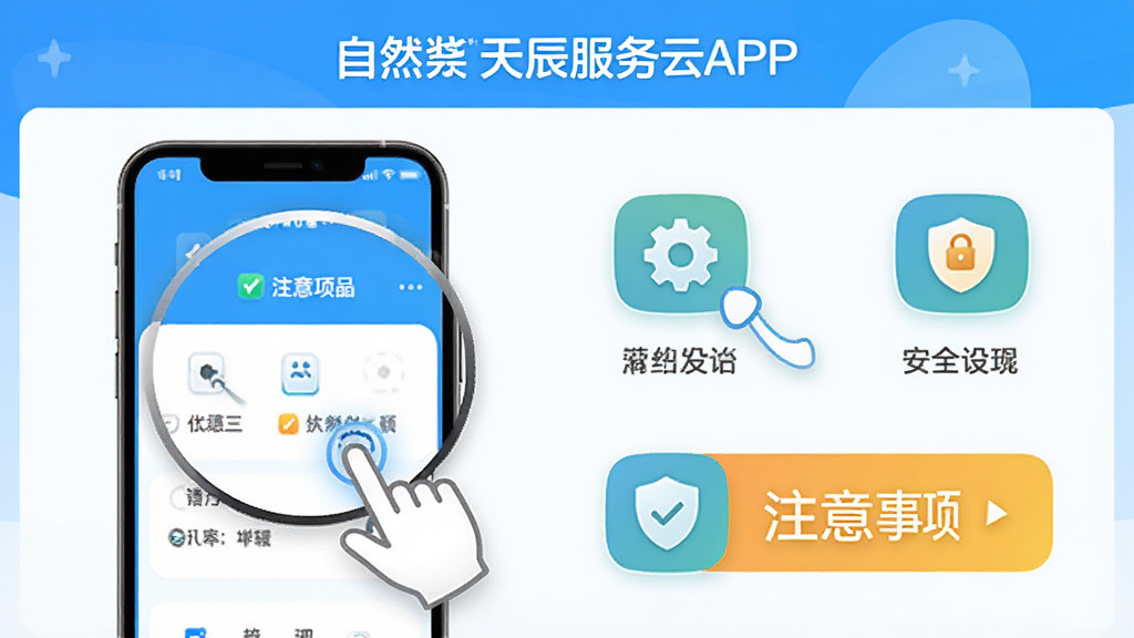 自然天辰服务云APP使用教程界面,展示手机操作步骤与注意事项,画面包含手机屏幕放大图、点击手势、设置图标与安全提示标识,风格简洁明了,色彩明亮,画质清晰,干净无杂乱元素