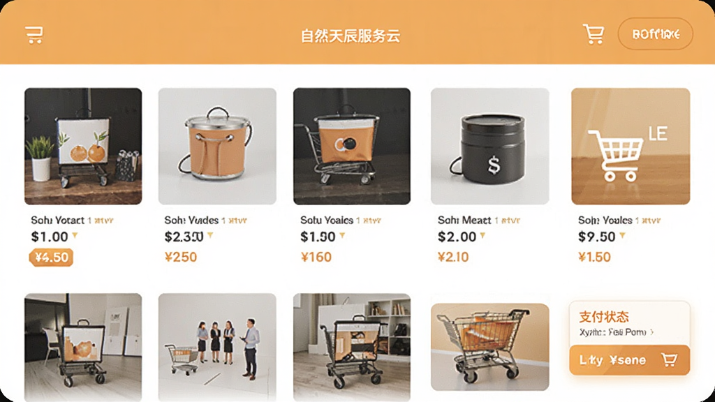 自然天辰服务云APP商品交易页面,展示商品列表、价格标签、购物车图标、支付选项与订单状态,采用网格布局,商品图片清晰,配色以暖色调为主,风格商务简约,画质高清,突出移动电商功能