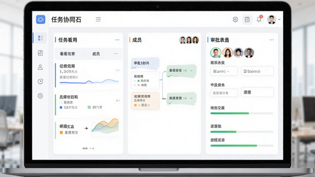 自然天辰服务云APP业务协同界面,显示任务看板、成员头像、审批表单与进度条,采用看板风格,色彩清新,布局清晰,风格专业,画质干净,突出团队协作与流程可视化