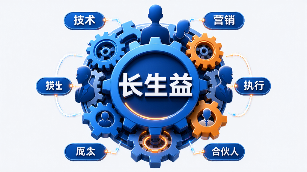 主体:一个由多个齿轮和人物剪影组成的协作图标,中心位置有“长生益”三个字,周围环绕着“技术”、“营销”、“执行”、“合伙人”等小标签。布局:圆形协作图,中心突出,四周元素均匀分布。排版:图标化设计,标签文字环绕中心,逻辑清晰。风格:商务科技风,蓝色主色调,点缀橙色活力元素。细节:齿轮咬合紧密,人物剪影代表不同角色,整体画面干净,无多余元素。画质:高清3D渲染效果。