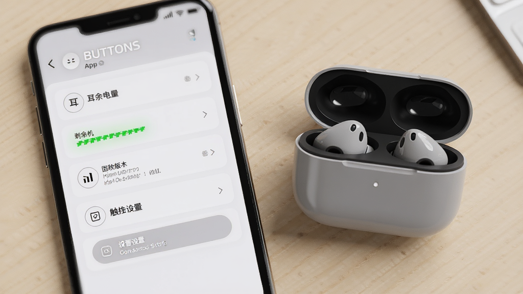 BUTTONS App设备管理页面,界面展示耳机剩余电量、固件版本信息及触控设置选项,旁边是耳机充电盒,背景为浅色桌面,风格简约,信息布局清晰,突出个性化设置功能,高清画质,无多余元素