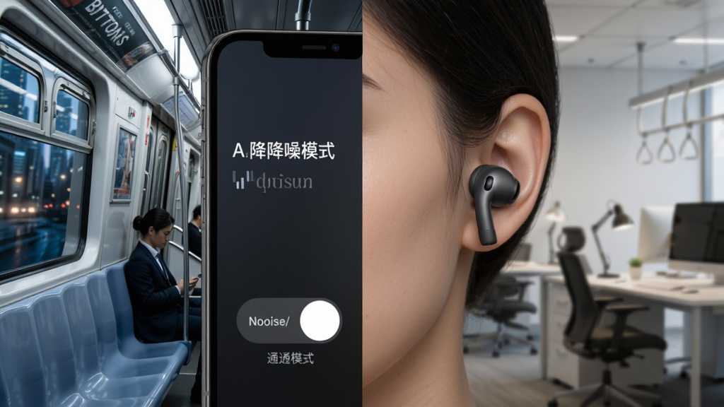 BUTTONS App降噪模式切换界面,背景为城市地铁车厢与安静办公室对比图,手机界面展示降噪/通透模式切换开关,耳机佩戴效果图,风格写实,画面分屏对比,突出降噪功能,高清细节,干净构图,无多余元素