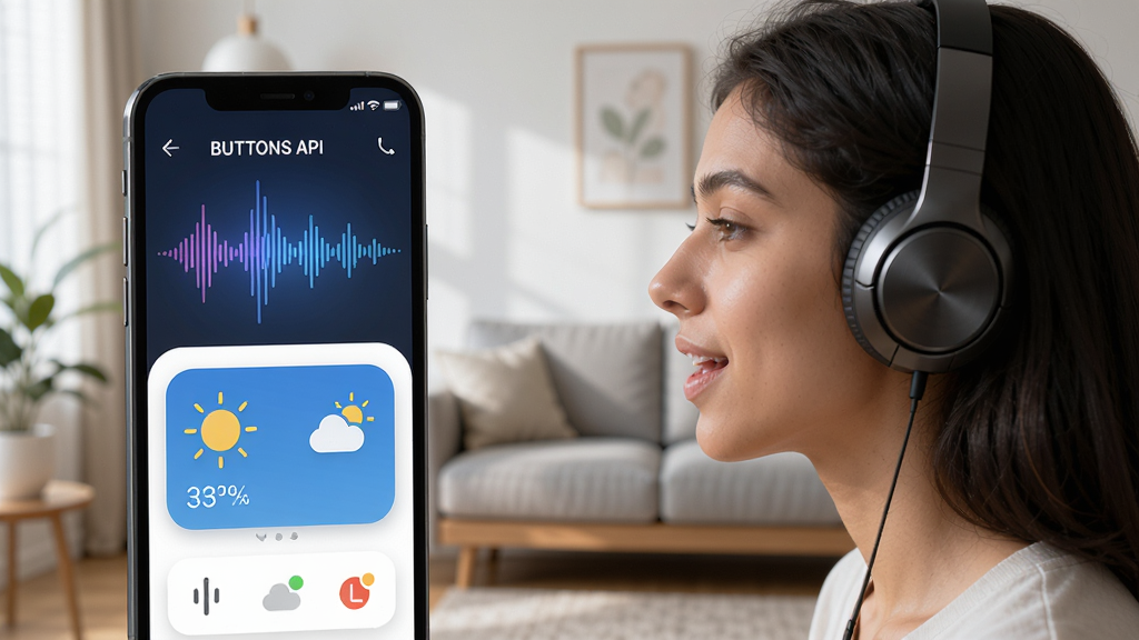 BUTTONS App AI语音助手界面,手机屏幕显示语音波形动画与天气卡片,旁边是佩戴耳机的用户侧脸,正在说话,背景为简约客厅,风格清新自然,突出语音交互场景,画质细腻,构图和谐,无多余元素