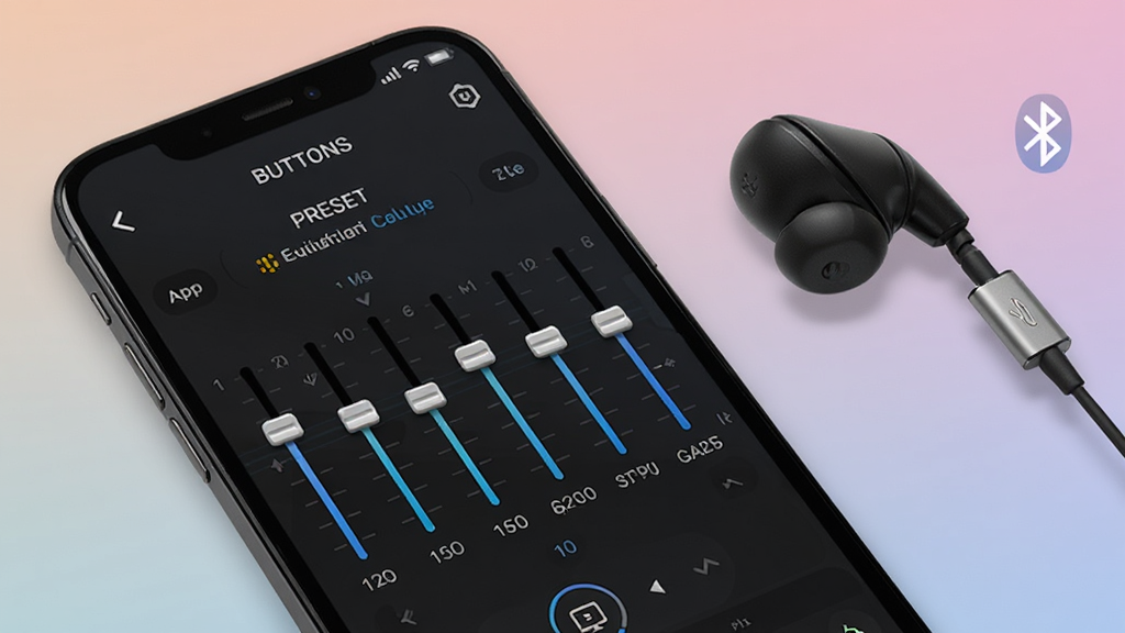 BUTTONS App音效调节界面特写,手机屏幕上显示十段均衡器滑块与音效预设列表,耳机与手机通过蓝牙连接,背景为柔和渐变色,界面清晰直观,突出专业音效调节功能,画质高清,构图简洁,无多余元素