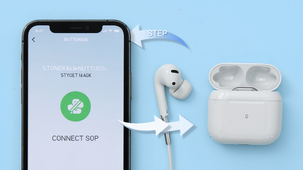 BUTTONS App使用指南教程截图,手机屏幕显示连接成功界面,旁边有耳机和充电盒,背景为浅蓝色,步骤指示箭头,风格简洁明了,画质清晰,突出操作流程,无多余元素