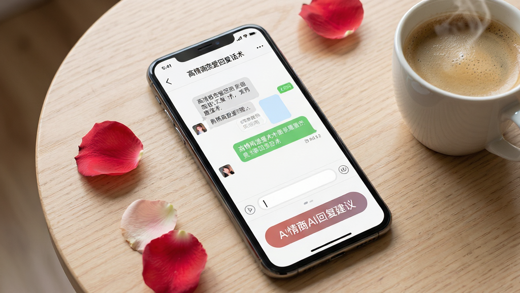 画面主体为一部亮屏的智能手机,屏幕正面居中显示“高情商恋爱回复话术”APP的对话界面,界面风格清新简洁,上方是聊天气泡,下方是醒目的AI回复建议按钮。手机斜放在浅色木纹桌面上,旁边散落着几片玫瑰花瓣和一杯冒着热气的咖啡。布局采用手机居中、环境环绕的构图,突出APP核心功能。整体风格为写实摄影风,细节丰富,画质高清干净,无多余元素。画面中手机屏幕上的文字清晰可辨为“高情商恋爱回复话术”。