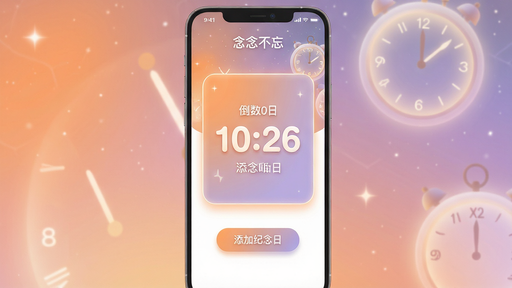 主体:一款名为“念念不忘”的手机应用界面,中央显示一个精致的倒数日卡片,背景是柔和渐变色的星空与发光的时钟元素。布局:卡片居中,四周留白,下方有“添加纪念日”按钮。排版:简洁现代,信息层级分明,日期数字大而醒目。风格:唯美治愈系,色彩温暖(暖橙与淡紫混合),适配移动端竖屏。细节:卡片边缘有微光晕,数字字体为圆体,按钮有轻微投影。画质:高清渲染,干净无多余元素。