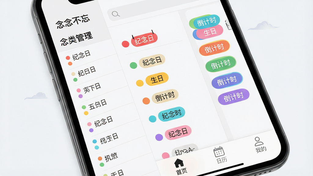 主体:手机屏幕展示“念念不忘”应用分类管理界面,左侧为日期列表,右侧为彩色标签筛选栏。布局:左右分栏,列表项整齐排列,每个日期前有圆形颜色标记。排版:清晰有序,中文标签显示“纪念日”“生日”“倒计时”等。风格:扁平化设计,背景为浅灰白,标签色彩明亮。细节:顶部搜索框,底部导航栏有“首页”“日历”“我的”三个图标。画质:高清,干净无多余元素。