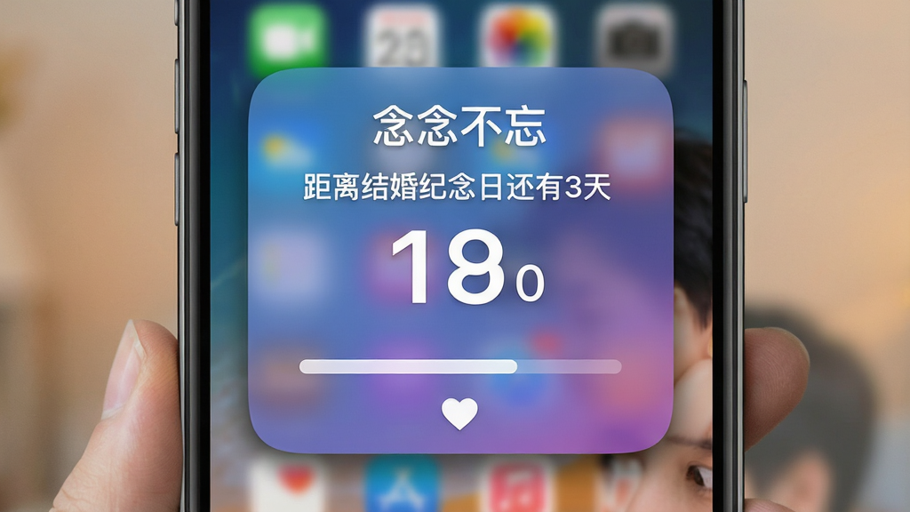 主体:手机桌面截图,中央放置“念念不忘”的透明小组件,显示“距离结婚纪念日还有3天”,下方有爱心图标。布局:小组件位于屏幕上半部分,背景为动态壁纸的模糊处理。排版:文字居中,日期数字较大,下方有进度条。风格:简洁温馨,与桌面融为一体。细节:小组件边缘有微阴影,字体颜色为白色,背景为渐变蓝紫。画质:高清渲染,干净无多余元素。