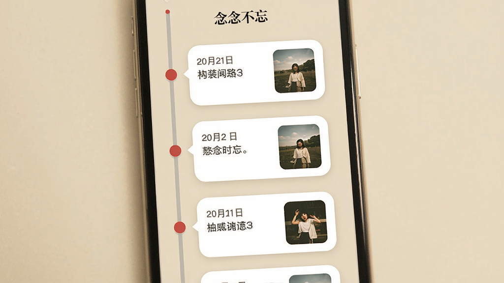 主体:手机屏幕显示“念念不忘”的时间轴界面,纵向排列多个卡片,每个卡片包含日期、文字和照片缩略图。布局:时间轴居中,卡片间距均匀,左侧有圆形节点。排版:卡片圆角设计,文字简洁,照片为方形。风格:文艺复古风,背景为米黄色,卡片为白色。细节:时间轴线条为淡灰色,节点为红色小圆点。画质:高清,干净无多余元素。