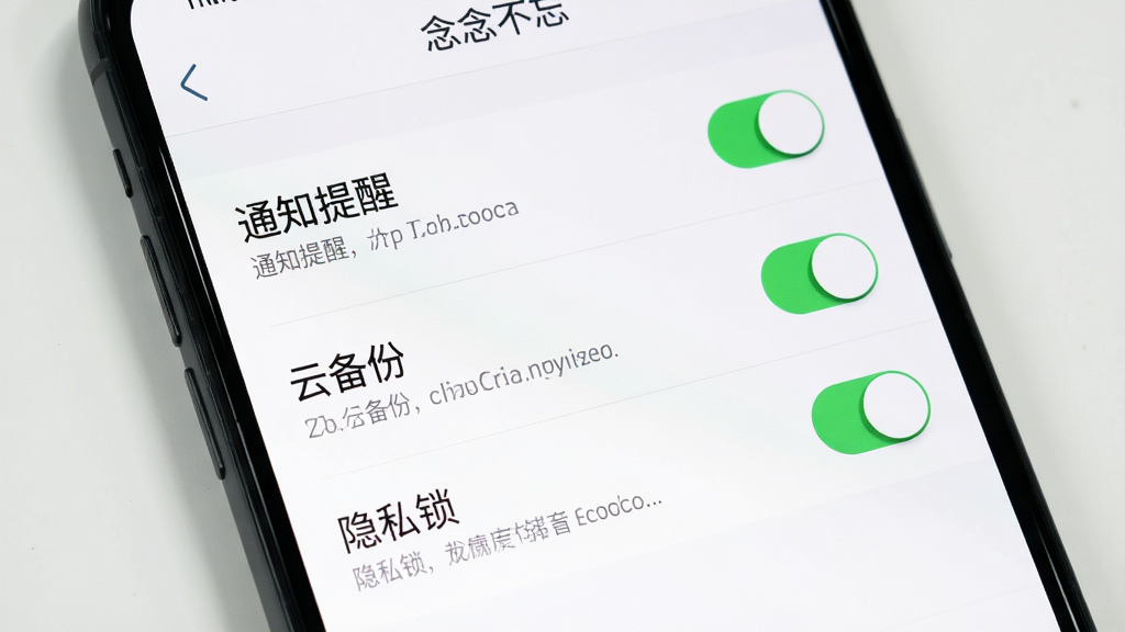 主体:手机屏幕显示“念念不忘”应用设置界面,包含“通知提醒”“云备份”“隐私锁”三个选项开关。布局:列表式排列,开关为绿色。排版:文字清晰,开关在右侧。风格:简洁,背景为白色,文字为深灰色。细节:每个选项下方有简短说明文字。画质:高清,干净无多余元素。