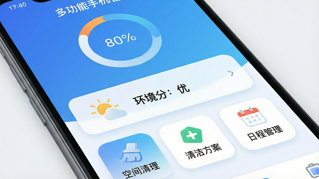 一张智能手机屏幕特写,屏幕中清晰显示“多功能手机管家”应用主界面,界面采用蓝白渐变色风格,上方以环形图展示存储空间占比,中部有天气图标与“环境分:优”字样,下方排列“空间清理”、“清洁方案”、“日程管理”三个圆角功能卡片,整体布局简洁明快,风格现代扁平,画质高清,干净无多余元素