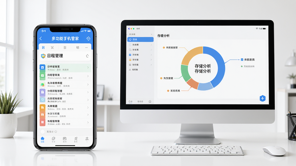 一部手机与一台电脑并排摆放,屏幕上都显示“多功能手机管家”的应用界面,手机端显示日程管理列表,电脑端显示存储分析环形图,背景为干净的办公桌面,整体画面明亮清晰,风格写实,画质细腻,无多余元素
