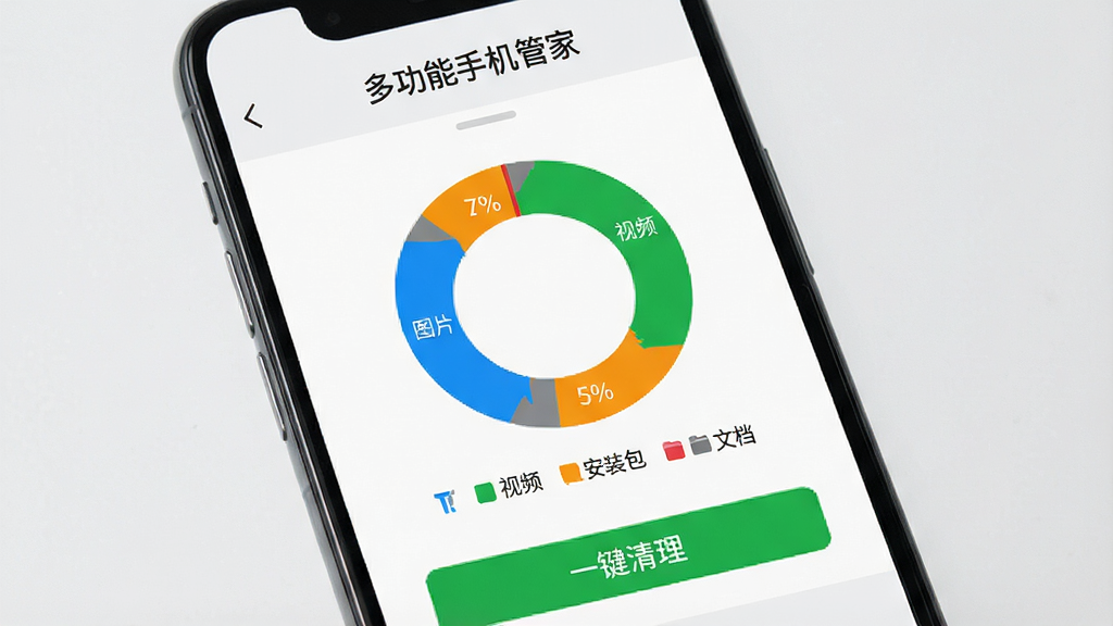 手机屏幕展示“多功能手机管家”的存储分析页面,背景为浅灰色,页面主体是一个彩色环形图,分别用蓝、绿、橙、红四色标注图片、视频、安装包、文档的占比,图例清晰,下方有“一键清理”绿色按钮,整体界面信息层级分明,风格简洁专业,画质干净清晰