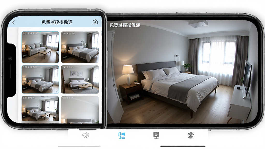 展示“免费监控摄像连”APP在手机上运行时的界面截图预览图,画面采用左右布局,左侧是客厅和卧室的监控画面缩略图列表,右侧是某个摄像头的全屏实时画面,手机下方有分区管理标签栏,整体风格简洁现代,界面清晰明亮,画质高清干净,无多余元素