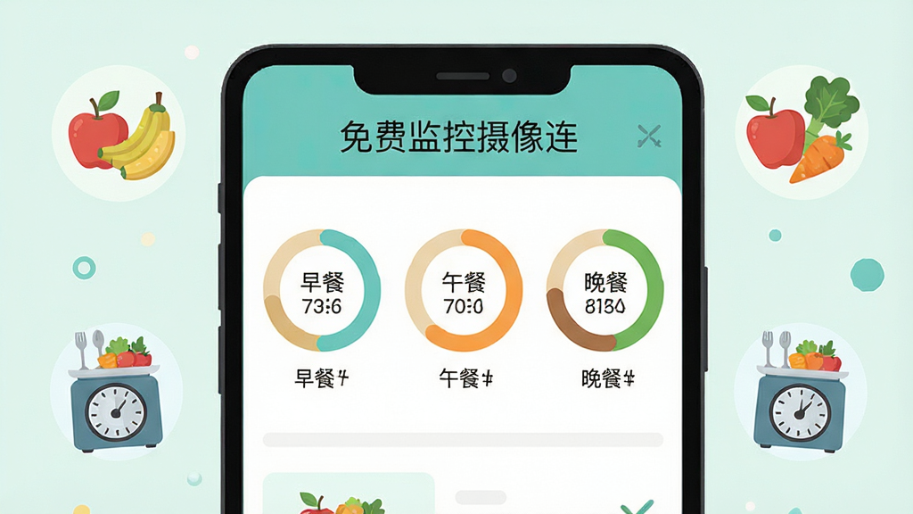 扁平化插画风格的健康饮食管理界面预览图,画面中央是“免费监控摄像连”的饮食记录页面,显示早餐、午餐、晚餐的卡路里摄入环形图表,旁边配有水果蔬菜和食物称重的插画图标,色彩清新明快,布局简洁有序,主体突出,画质干净,无多余元素