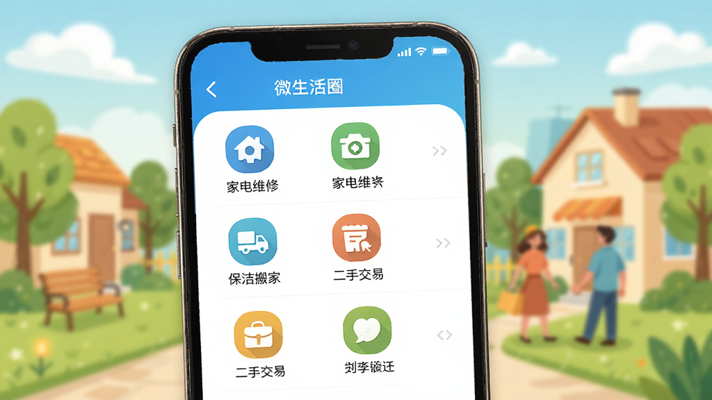 微生活圈APP主界面预览图,手机屏幕展示社区服务列表,包含家电维修、保洁搬家、二手交易等图标,背景为温馨的社区场景,界面简洁清晰,色彩明快,现代扁平化设计风格,高分辨率,画质干净,无多余元素