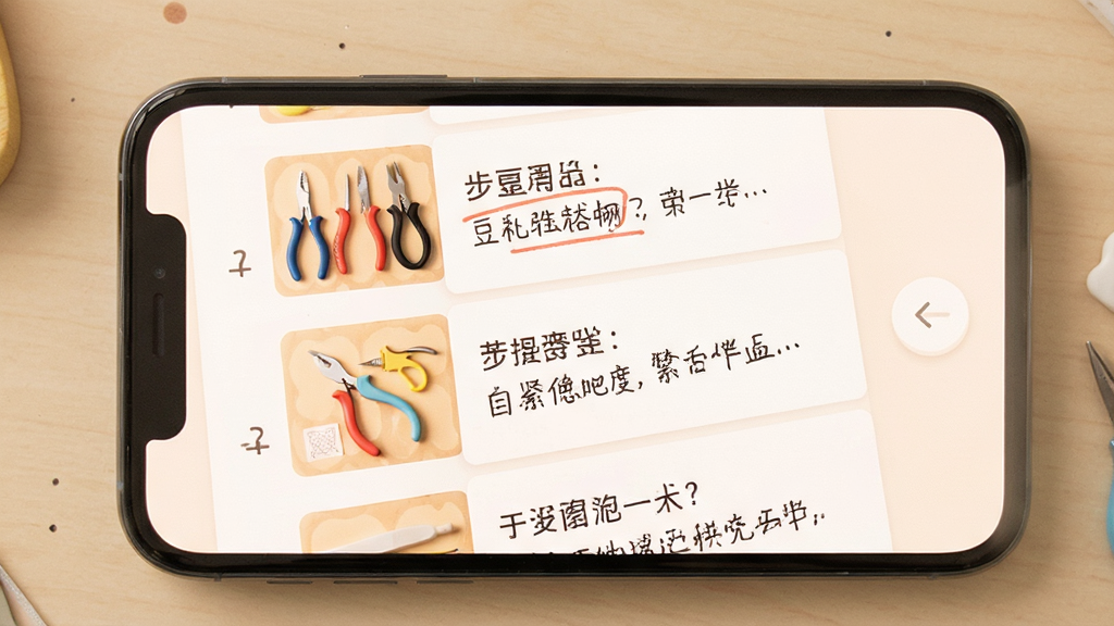 拼豆图纸生成软件新手教程页面,主体为手机屏幕,显示步骤式教程列表,包含工具展示图与文字说明,布局简洁,风格温馨,细节清晰,画质干净,无多余元素