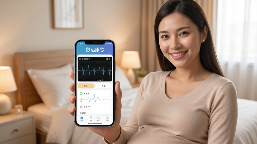 一张展示数远康芯APP主界面的高清截图,画面中央是一位微笑着的孕妇手持智能手机,屏幕上清晰显示着“数远康芯”字样和胎心监护波形图,背景是温馨的卧室环境,整体色调柔和,画质细腻,干净无多余元素。