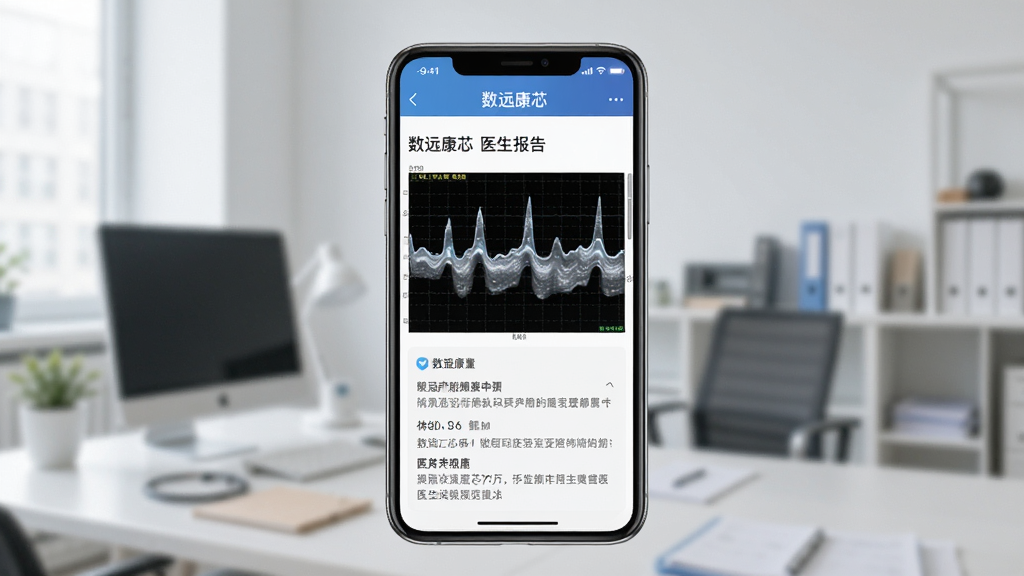 一幅展示数远康芯APP医生远程判读功能的界面截图,画面中手机屏幕上显示着“数远康芯”的医生报告页面,包含胎心监护曲线和文字解读,背景是模糊的办公环境,突出手机屏幕内容,风格简洁明快,画质清晰,干净无多余元素。