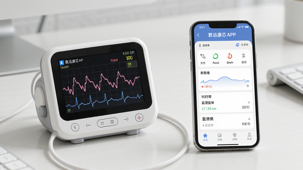一幅展示数远康芯APP连接智能胎心监护仪的场景图,画面中胎心监护仪小巧精致,屏幕上显示着胎心率曲线,旁边是一部运行数远康芯的手机,界面清晰展示监测数据,背景为简洁的桌面,布局合理,风格写实,画质干净,无多余元素。