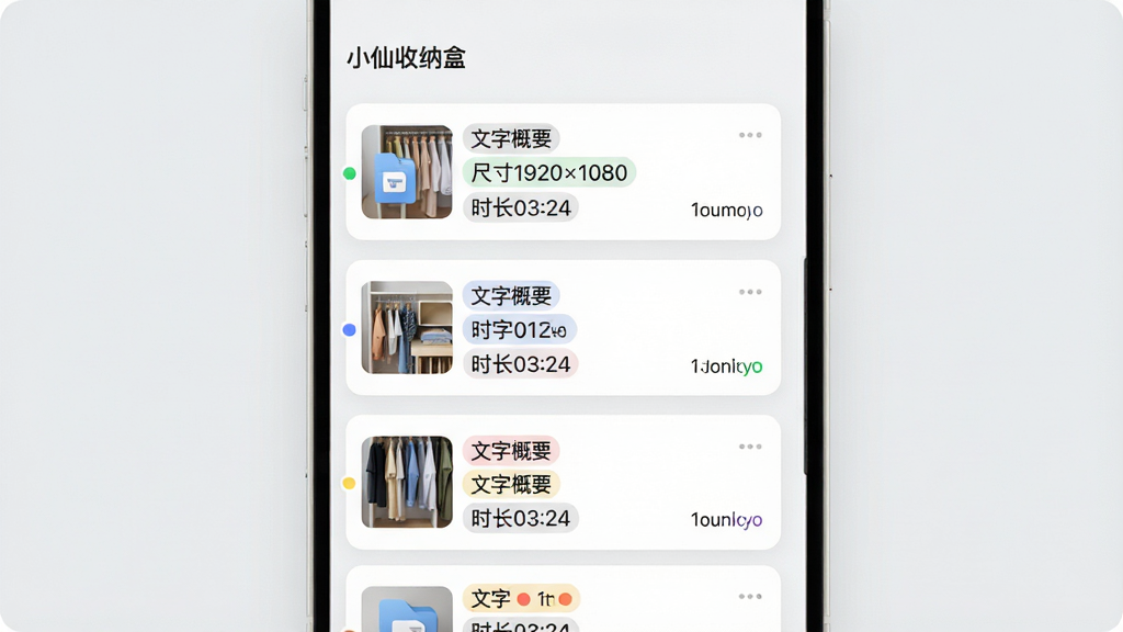 ���壺С�����ɺе������������棬�б�չʾ��ͬ���͵��ļ���Ƭ��ÿ�ſ�Ƭ��ʾ����ͼ���Զ����ɵı�ǩ�����֣������б�����Ƭʽ��ơ��Ű棺��Ϣ�㼶��������ǩ�ò�ɫԲ�㡣������¼�Լ������Ϊǳ��ɫ��ϸ�ڣ���Ƭ���С����ָ�Ҫ�����ߴ�1920��1080����ʱ��03:24�������������ʣ����壬�ɾ����޶���Ԫ�ء�