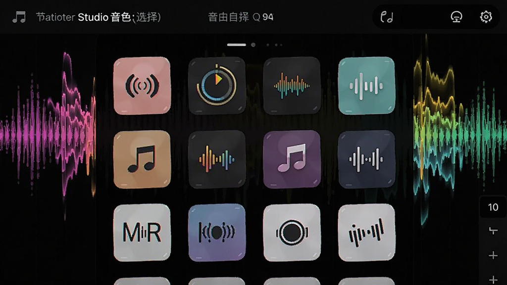 节拍器Studio音色选择界面,列表展示各种音色图标,背景为彩色声波图形,风格活泼现代,突出音色多样性与选择自由,画质干净
