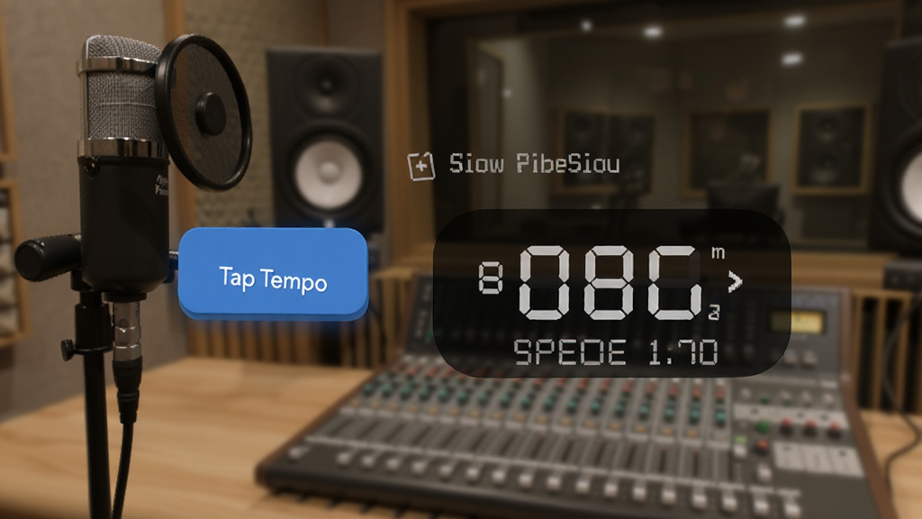 节拍器Studio精准节拍功能预览图,界面显示Tap Tempo按钮与速度数值,背景为录音棚场景,麦克风与调音台虚化,突出节拍精准与专业感,画质干净