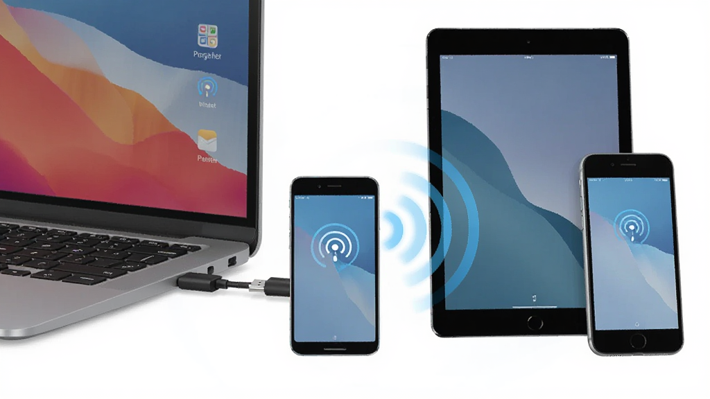 ���߿�è�ȵ㹲��������ʾͼ��һ̨�ֻ�ͨ��USB���ӵ��ԣ�ͬʱ�ֻ��ȵ��źŷ��䵽�Աߵ�ƽ�����һ���ֻ�����������չʾ���繲��·��������Լ�����ʸɾ����޶���Ԫ��