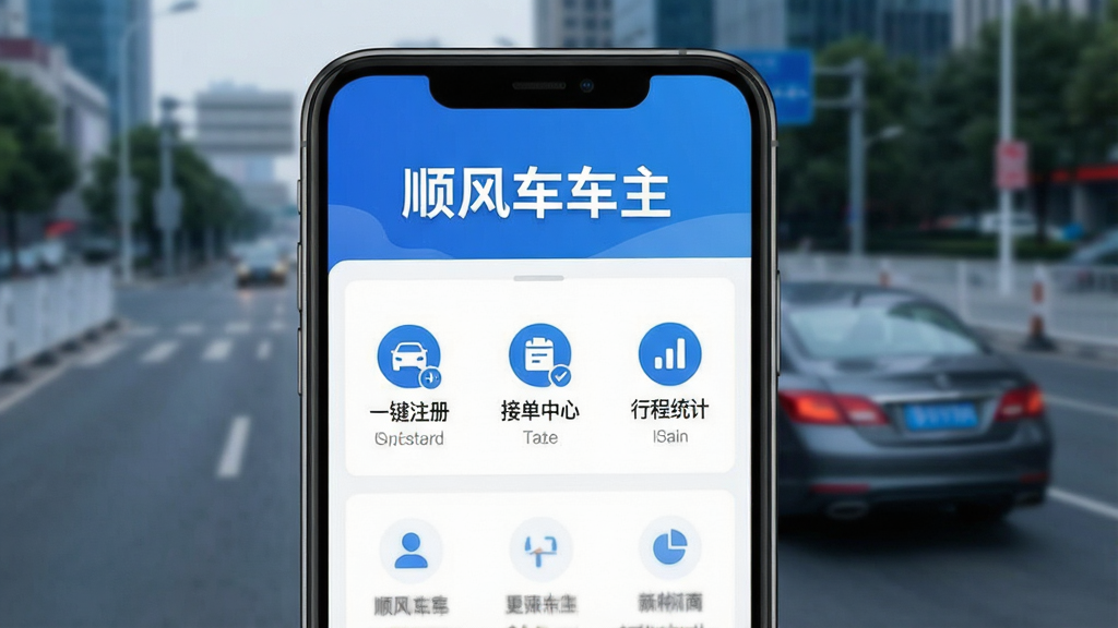 һ�������ֻ���Ļ��ʾ˳�糵����APP�������棬������Ƽ���ִ����������չʾ��˳�糵�������������в��С�һ��ע�ᡱ�����ӵ����ġ������г�ͳ�ơ��������Ĺ���ͼ�꣬������ģ���ĳ��е�·��һ����ʻ�еĽγ�������ɫ������ɫ�Ͱ�ɫΪ���������������ɾ��޶���Ԫ��