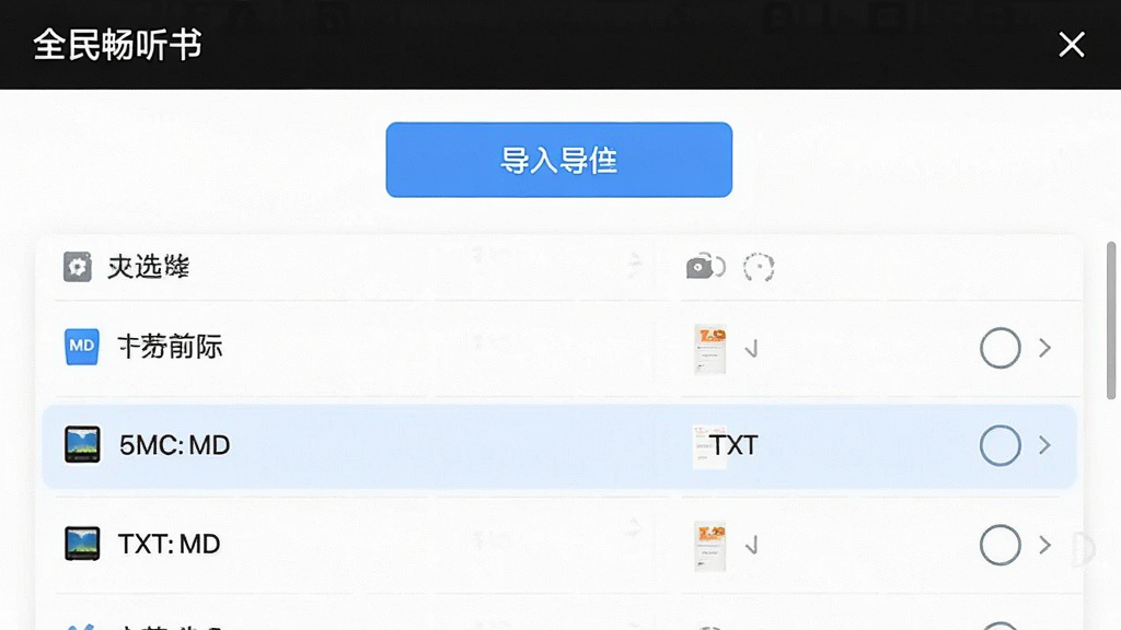 一张显示全民畅听书导入本地文件的界面截图,主体为文件选择列表,布局上方有导入按钮,排版清晰,风格简洁,细节高亮显示TXT和MD格式,画质干净,无多余元素