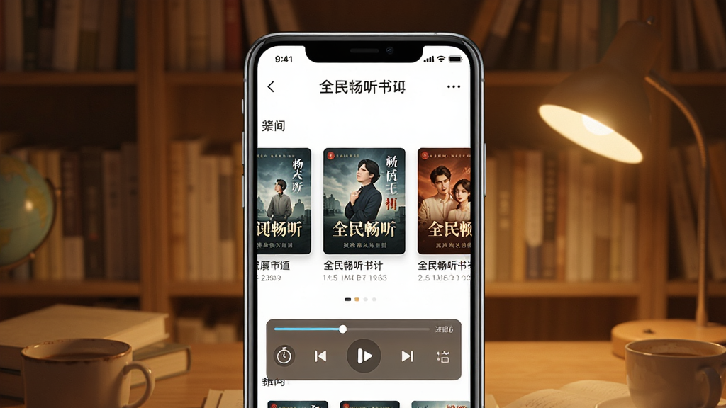 一张展示全民畅听书App在手机上运行的界面预览图,主体为书架页面,背景是暖色调的书房环境,布局中央显示几本小说封面和播放控制条,排版简洁,风格温馨写实,细节包括进度条和定时图标,画质清晰干净,无多余元素