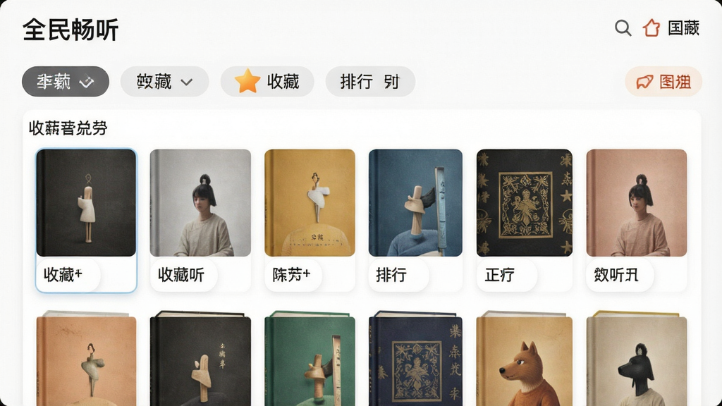 一张全民畅听书书架管理界面的预览图,主体为书架网格布局,分类标签清晰可见,布局整齐,风格简约,细节展示收藏和排行图标,画质干净,无多余元素