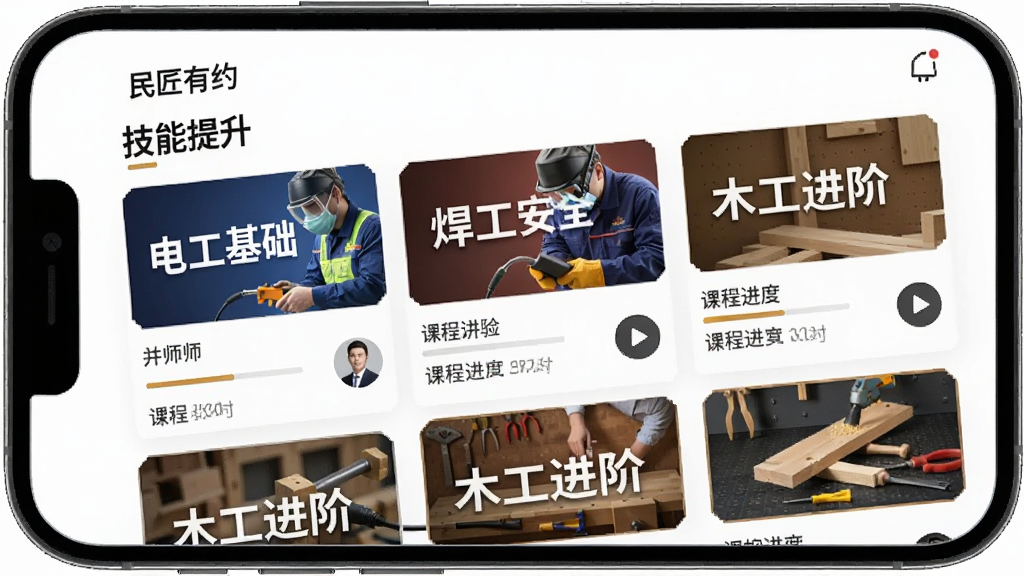 展示“民匠有约”APP的在线学习页面,手机屏幕上显示多个课程封面缩略图,封面标注“电工基础”“焊工安全”“木工进阶”等字样,顶部有“技能提升”栏目名。背景为白色,采用网格布局,风格简约现代,细节包括课程进度条、讲师头像、播放按钮。画质高清干净,无多余元素。