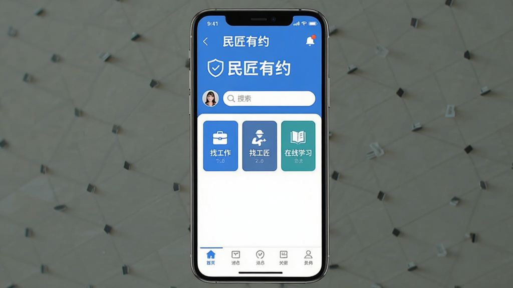 主体为手机屏幕展示“民匠有约”APP主界面,界面顶部有“民匠有约”中文字样与蓝色安全盾牌图标,中部显示“找工作”“找工匠”“在线学习”三大功能卡片,底部为白色导航栏。布局清晰简洁,采用扁平化设计风格,主色调为蓝白搭配,细节包括用户头像、消息通知图标、搜索栏。画质高清干净,无多余元素。