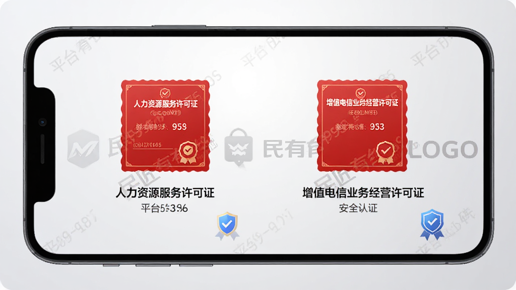 图片展示“民匠有约”APP的资质认证页面,手机屏幕居中显示两本红色证书样式的图标,分别标注“人力资源服务许可证”和“增值电信业务经营许可证”,背景为浅灰色渐变。布局简洁大气,采用商务风格,细节包括证书编号、平台LOGO水印、安全认证标识。画质高清干净,无多余元素。