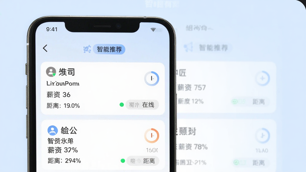 展示“民匠有约”APP的职位匹配界面,手机屏幕上显示多个职位卡片,每张卡片包含公司名称、职位名称、薪资范围、距离信息,顶部有“智能推荐”标签。背景为淡蓝色,采用卡片式布局,风格清新简洁,细节包括匹配度百分比、在线状态绿点。画质高清干净,无多余元素。