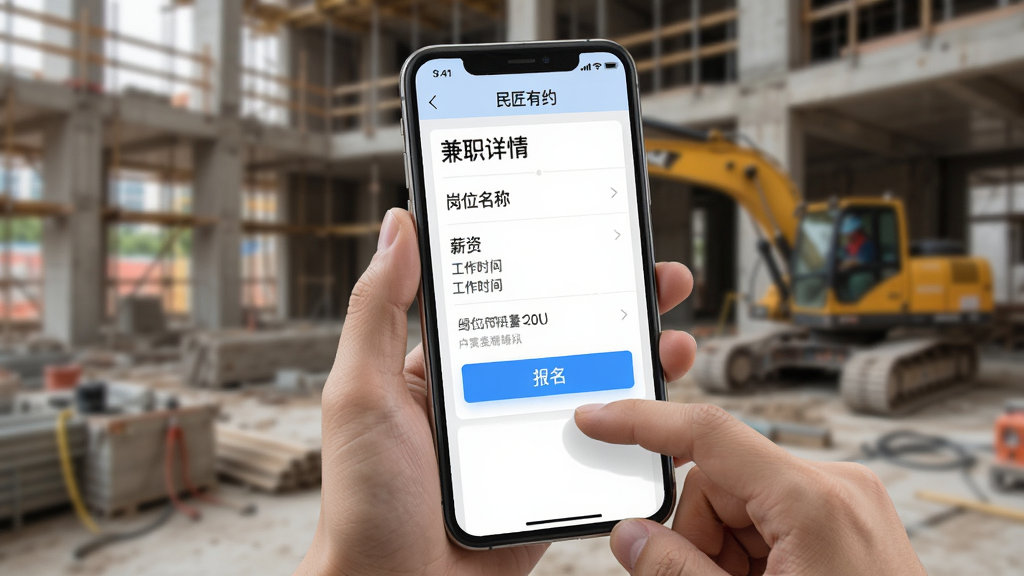 图片展示用户使用“民匠有约”APP进行兼职报名的场景,手机屏幕显示“兼职详情”页面,包含岗位名称、薪资、工作时间、报名按钮。背景为模糊的施工现场,采用写实风格,细节包括手机边框、操作手势、界面高亮显示。画质清晰干净,无多余元素。