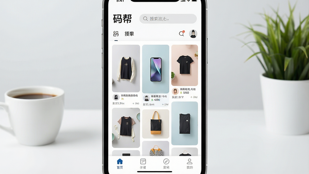 一张智能手机屏幕特写,屏幕内清晰展示“码帮”APP的首页界面,界面布局简洁现代,顶部有搜索栏,中部是精美的商品瀑布流图片,底部为功能导航栏。背景为干净的浅灰色工作室环境,桌面有咖啡杯和绿植点缀。整体风格明亮清新,商业摄影质感,画面锐利,干净无多余元素。