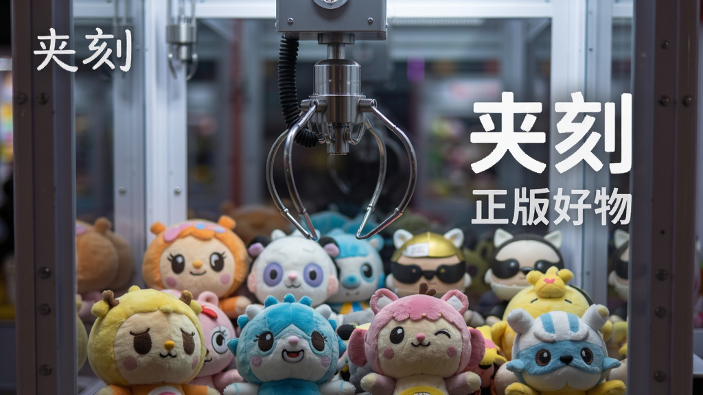 一张展示夹刻APP内娃娃机特写的图片,画面聚焦于一台娃娃机的透明玻璃窗内部,里面整齐摆放着多款正版IP联名的毛绒玩具和潮玩手办,玩具设计精美,色彩鲜艳,娃娃机的金属爪钩悬停在半空,背景略微虚化,突出展示商品的质感与精美,画质高清,干净无多余元素,配以文字“夹刻”和“正版好物”。