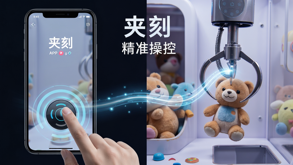 一张展示用户操控夹刻APP抓娃娃过程的动态示意图,画面分为两部分,左侧是一只手指在手机屏幕上滑动虚拟摇杆,右侧是相应的实体娃娃机机械爪正在移动抓取毛绒玩具,中间用流畅的光线连接,体现低延迟同步操控,整体风格科技感十足,画质清晰,干净无多余元素,配以文字“夹刻”和“精准操控”。