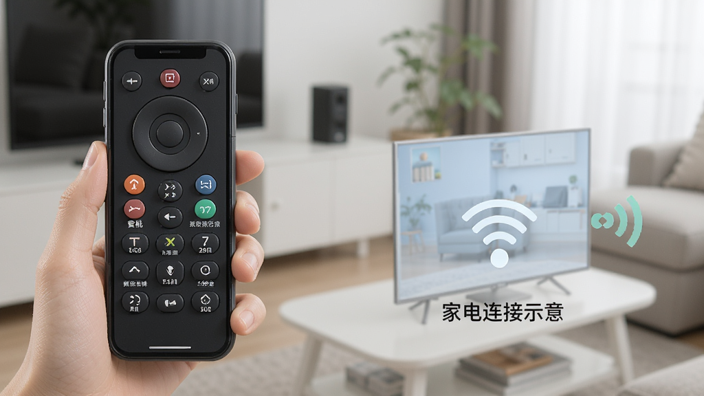 智能控调遥控器使用技巧,手机与家电连接示意,画面清晰,风格实用,细节丰富,画质高清,干净无多余元素
